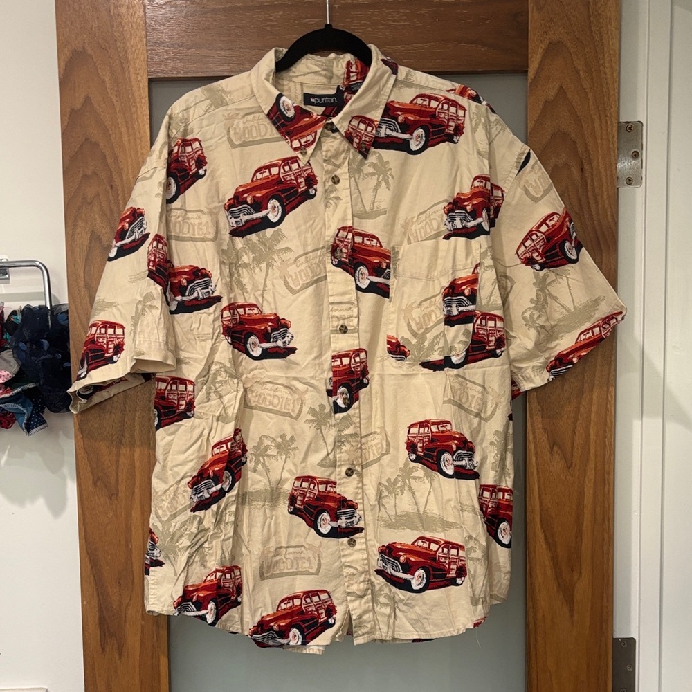 Puritan Beige Shirt with Red Car Design Unisex Buttondown Shirt
